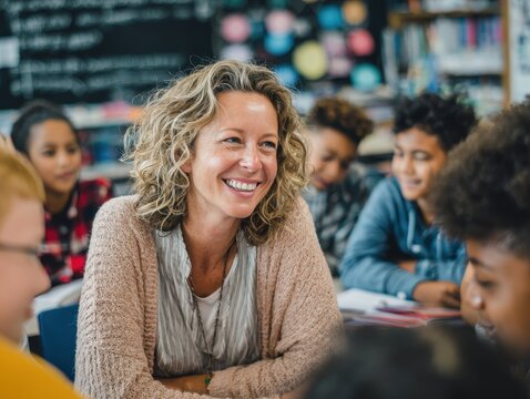 Cheerful educator engaging with a diverse group of students in a classroom setting, fostering a positive and collaborative learning environment with smiles and open discussions.