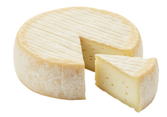 A wheel of cheese with a slice cut out on black background on transparent background