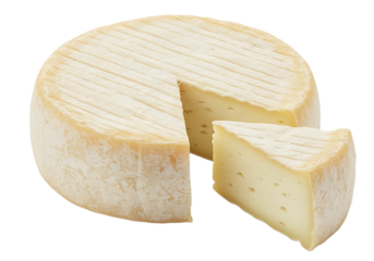 A wheel of cheese with a slice cut out on black background on transparent background