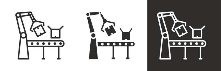 flat and linear set icons, production on factory, automated production line icon, simple symbols on white and black background - editable stroke vector illustration