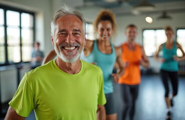 Elderly man in green shirt smiles brightly during gym class with diverse people exercising behind. Appears happy, healthy, wearing bright activewear. Fitness, wellness, active lifestyle themes.