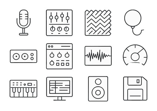 Music Production Icons. Outline icon set of music production tools: studio mic, mixing board, soundproof panel