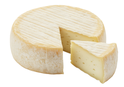 A wheel of cheese with a slice cut out on black background on transparent background