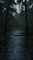 Obraz premium Cinematic Swamp Storm – Heavy Rain and Thunder in Congaree Forest