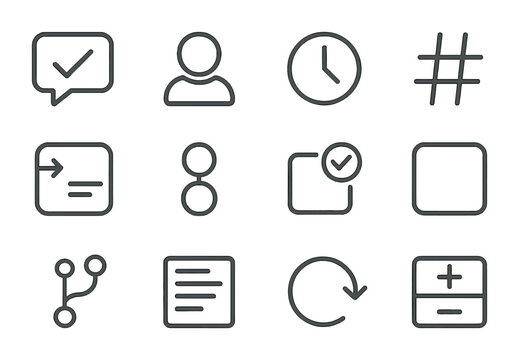 Commit Icon Set. Outline icon set of commit management: commit message, author avatar, timestamp icon, hash