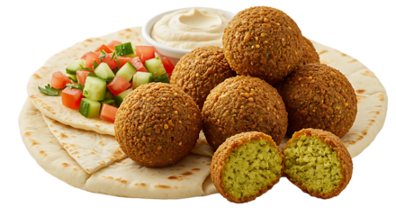 A plate of crispy falafel with pita bread and fresh vegetables on transparent background