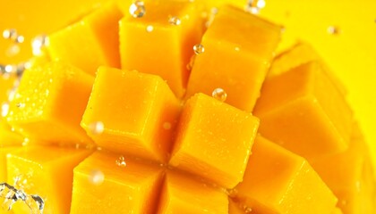 Close-up view of vibrant, juicy mango cubes, glistening with water droplets and splashes.