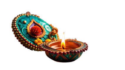 Diwali Diya Oil Lamp with Intricate Decoration on transparent background