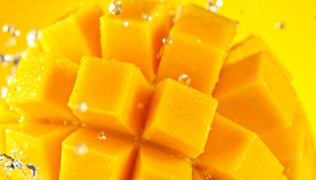 Close-up view of vibrant, juicy mango cubes, glistening with water droplets and splashes.