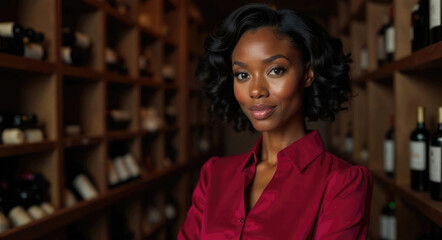Elegant African American female sommelier in sophisticated blouse posing in wine cellar. Professional portrait of wine expertise with curated bottles in background