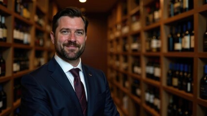 Fototapeta premium Stylish wine expert in sharp suit among cellar bottles. Modern portrait of inclusivity and excellence in sommelier profession for men