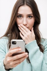 Fototapeta premium Young woman expressing surprise while using her smartphone indoors during the daytime