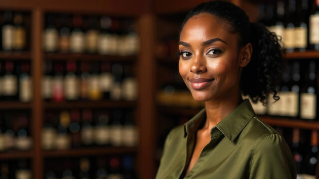 Elegant African-American female sommelier in sophisticated blouse posing in wine cellar. Professional portrait celebrating diversity in wine industry