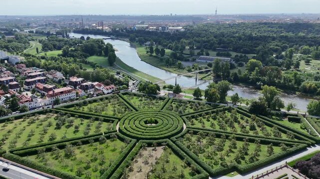 Drone  view of Troja Chateau and gardens, Prague, Czech Republic