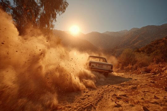 Fototapeta Vintage car kicking up dust on rugged mountain road at sunset