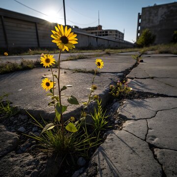  Yellow wildflowers pushing through cracked concrete ground in an urban abandoned area under bright sunlight