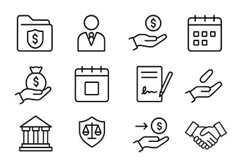 Escrow Icons Grid. Outline vector icons of escrow and settlement process: escrow file, neutral agent, deposit