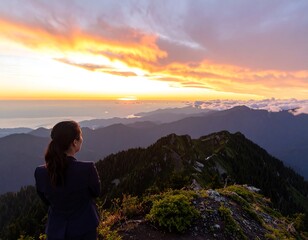 Fototapeta premium Woman contemplates mountain sunset