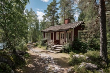 Charming rustic cabin in serene forest setting with natural stone pathway