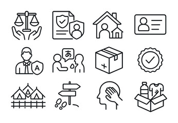 Refugee Support Icons. Outline vector icons of refugee and asylum support: legal aid, protection document,
