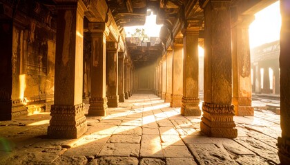 A sunlit colonnade of ancient stone structures, bathed in warm golden light, creating a serene and awe-inspiring atmosphere.