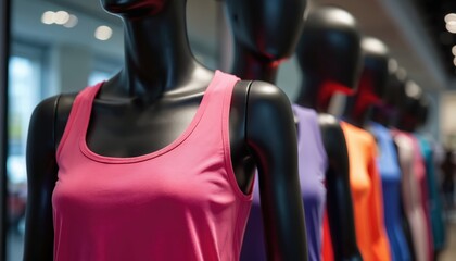 Black mannequins display colorful athletic tank tops in modern retail store environment. Variety of vibrant activewear apparel including pink, purple, orange, blue options for active lifestyles.