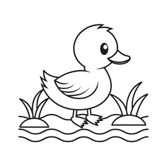 Cute cartoon duckling with grass wavy water outline drawing bird animal