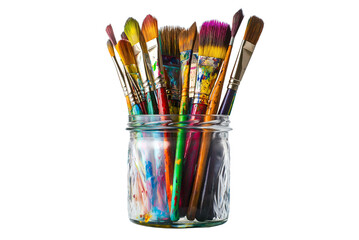 Colorful Paint Brushes in Glass Jar on Transparent Background. Art Brushes Set in Clear Glass Container Isolated PNG.