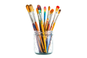 Colorful Paint Brushes in Glass Jar on Transparent Background. Art Brushes Set in Clear Glass Container Isolated PNG.