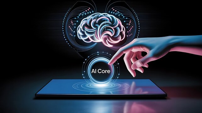 Generative AI artificial intelligence generate text document and abstract papers. Man touching AI icon on electronic circuit board. Man touching AI icon on electronic circuit board.