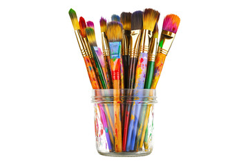 Obraz premium Colorful Paint Brushes in Glass Jar on Transparent Background. Art Brushes Set in Clear Glass Container Isolated PNG.