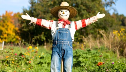Friendly scarecrow in a garden setting.