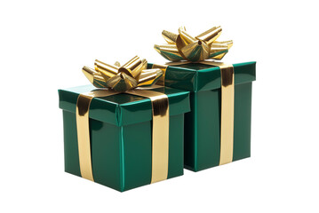 Emerald Green Gift Boxes with Golden Bows on Transparent Background. Festive Green Present Box Duo with Gold Ribbon Isolated PNG.