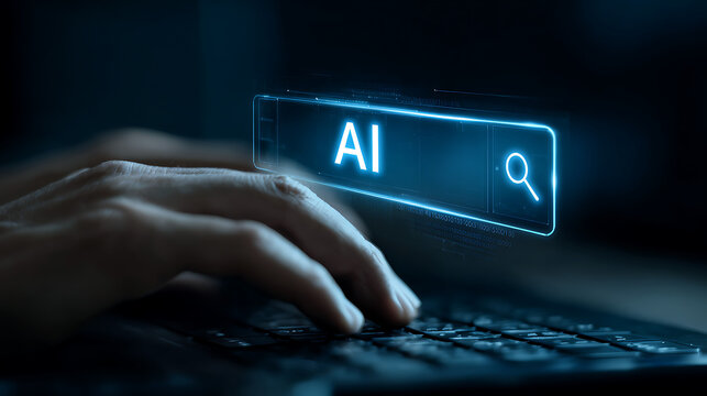 Person typing artificial intelligence search query on keyboard technology