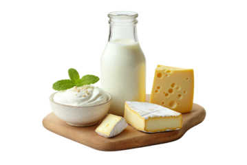 Dairy Products Set with Milk, Cheese and Butter on Transparent Background. Milk and Dairy Ingredients Set Isolated for Kitchen and Recipe Design.