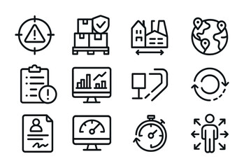 Supply Chain Icons. Outline vector icons of supply chain resilience: risk assessment, buffer stock, dual