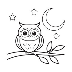 A cute owl a branch with moon stars bird night