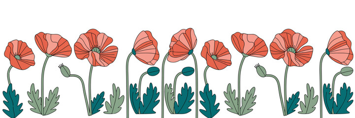 Obraz premium A row of stylized poppy flowers with red petals and green leaves on a white background illustration design