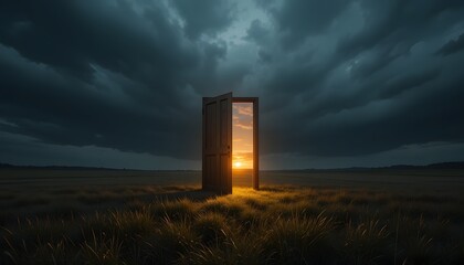 A glowing open door standing alone in a vast field under a stormy sky, with warm light spilling out from within

