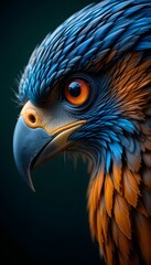 Fototapeta premium Close-up portrait of a majestic bird of prey with vibrant blue and orange feathers, intense orange eyes, and sharp beak against a dark background