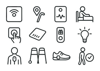 Mobility Aid Icons. Outline vector icons of fall prevention and mobility aids: motion floor sensor, cane with