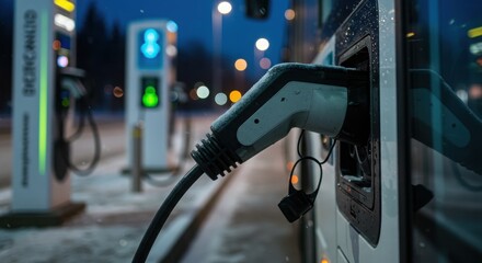 Electric Bus Charging at a Modern Station on a Winter Night