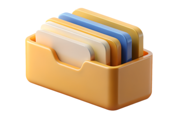 Yellow business card holder with blue and white cards isolated on transparent background