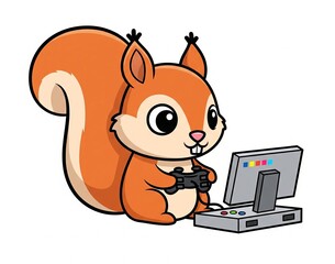 An engrossed cartoon gamer squirrel playing a retro video game on a vintage console with a joystick in its paws.