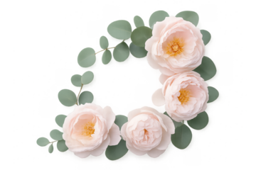 Delicate pink roses and eucalyptus leaves forming a circular frame on transparent background