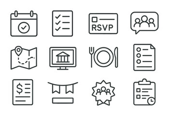 Family Reunion Planning Icons. Outline icon set of family reunion planning: calendar date, checklist, RSVP