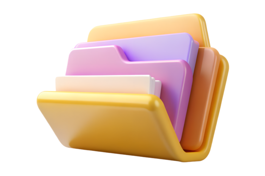 Yellow folder with colorful documents isolated on transparent background, 3d render