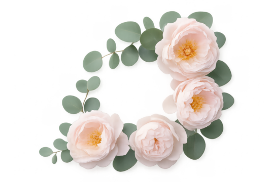Delicate pink roses and eucalyptus leaves forming a circular frame on transparent background