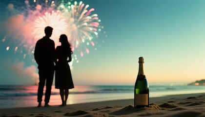 Couple watching fireworks by the beach with champagne bottle nearby  