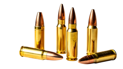 Golden bullets arranged on a white background, featuring brass casings and copper-tipped projectiles in white transparent png background cutout


